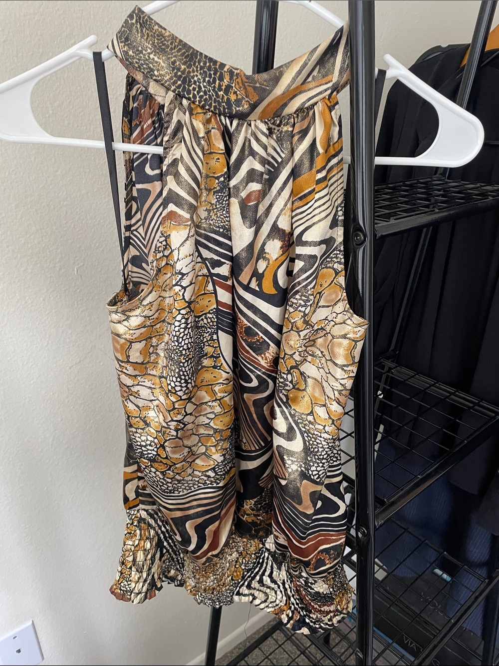 Cache Multicolor Animal-Print Halter Top- Black, Cream, Gold